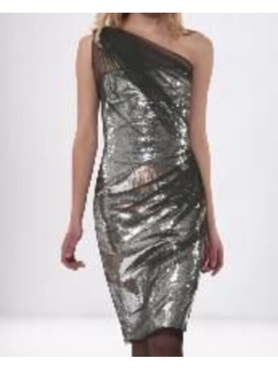 Tadashi Shoji Silver Sequin Black Mesh One Shoulder Dress Sz 6